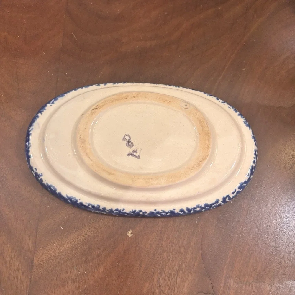 Blue Spongeware Heart Gravy Boat & Underplate Set Pottery Country Farmhouse